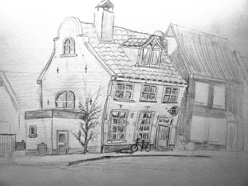 Illustratie: Het cafe aan de Oosterkaai, en met tapt er Warsteiner.